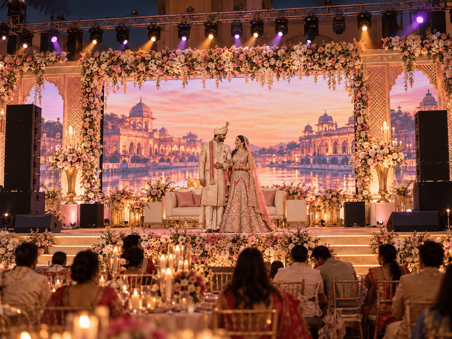 Indian wedding reception stage with LED wall, sound and lighting
