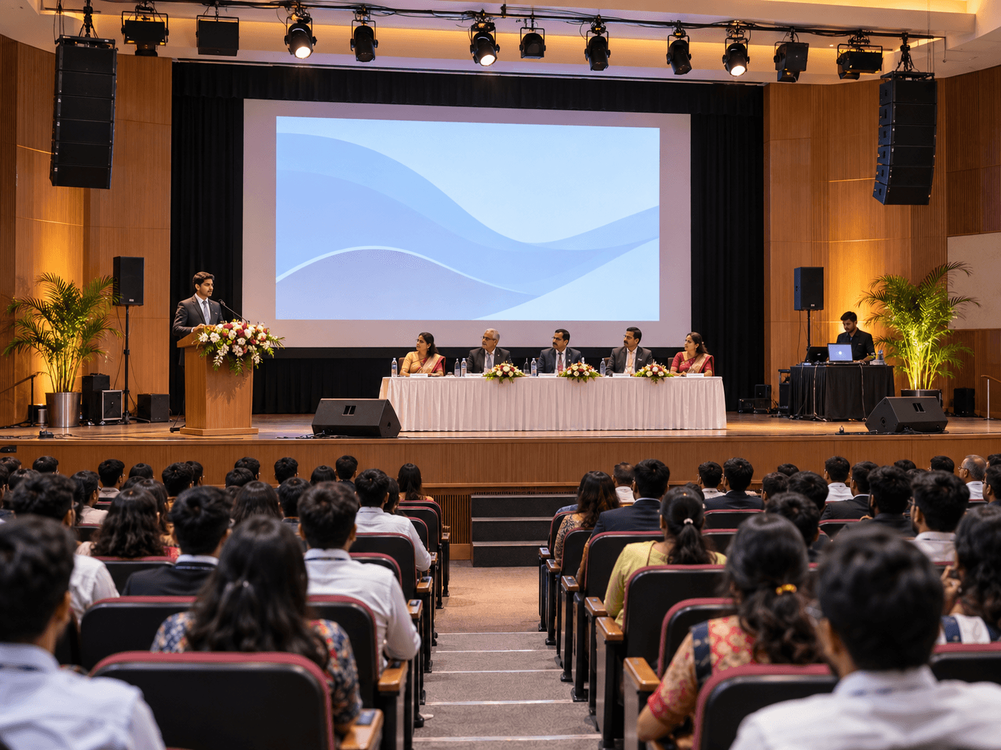 Indian institute auditorium with projection and professional audio setup